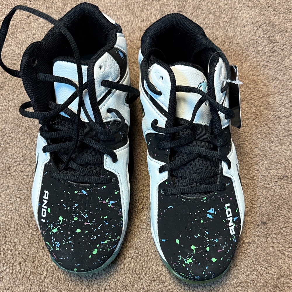 And1 Kids High-Top Sneakers in Black and White with Neon Splatter